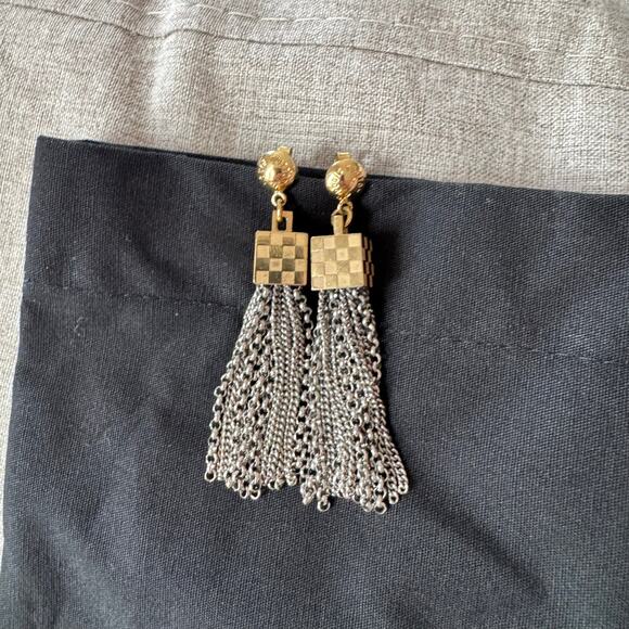 Louis Vuitton Damier Charlie Drop Tassel Chain Two Tone Brass Earrings Jewelry - Picture 7 of 8
